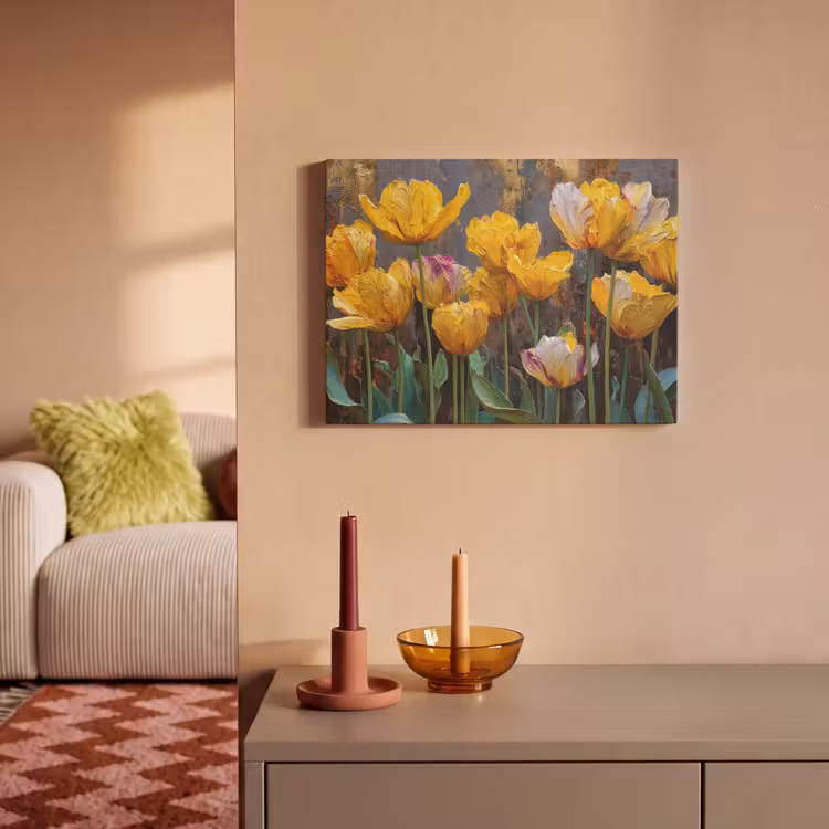 Akoestisch schilderij - Tulpen - Geel - Penseelstreken - Abstract — 2