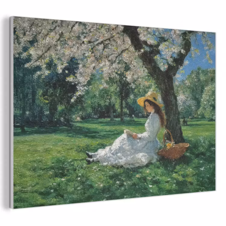 Akoestisch schilderij - Vrouw - Boom - Boek - Mandje — 1