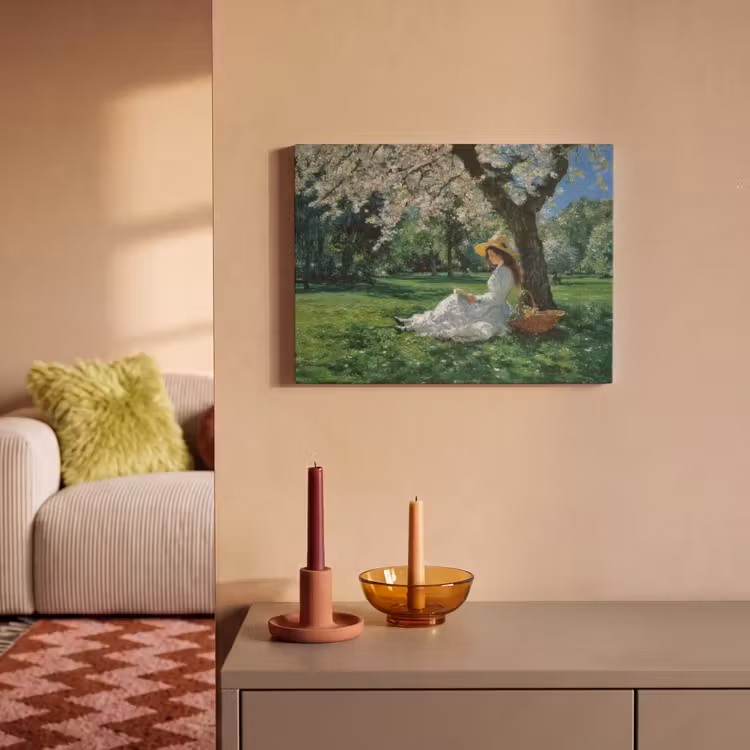 Akoestisch schilderij - Vrouw - Boom - Boek - Mandje — 2