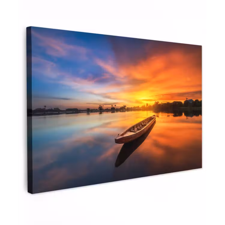 Buiten canvas - Boot - Water - Zonsondergang - Oranje - Water — 1