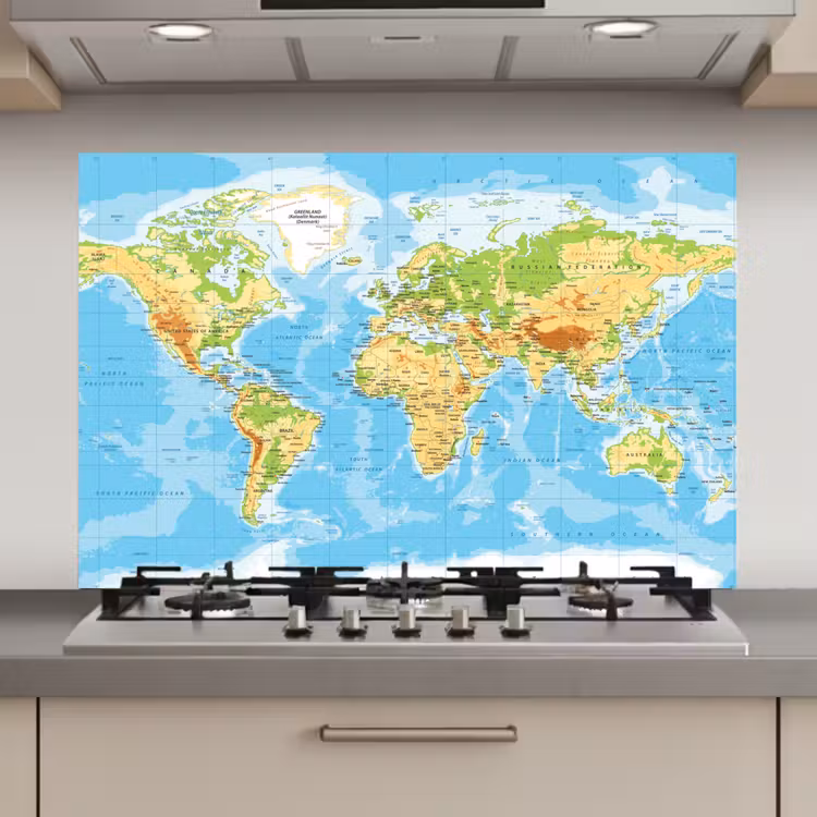 Spatscherm keuken - Wereldkaart - Staatkundig - Blauw - Aarde - Educatief — 1
