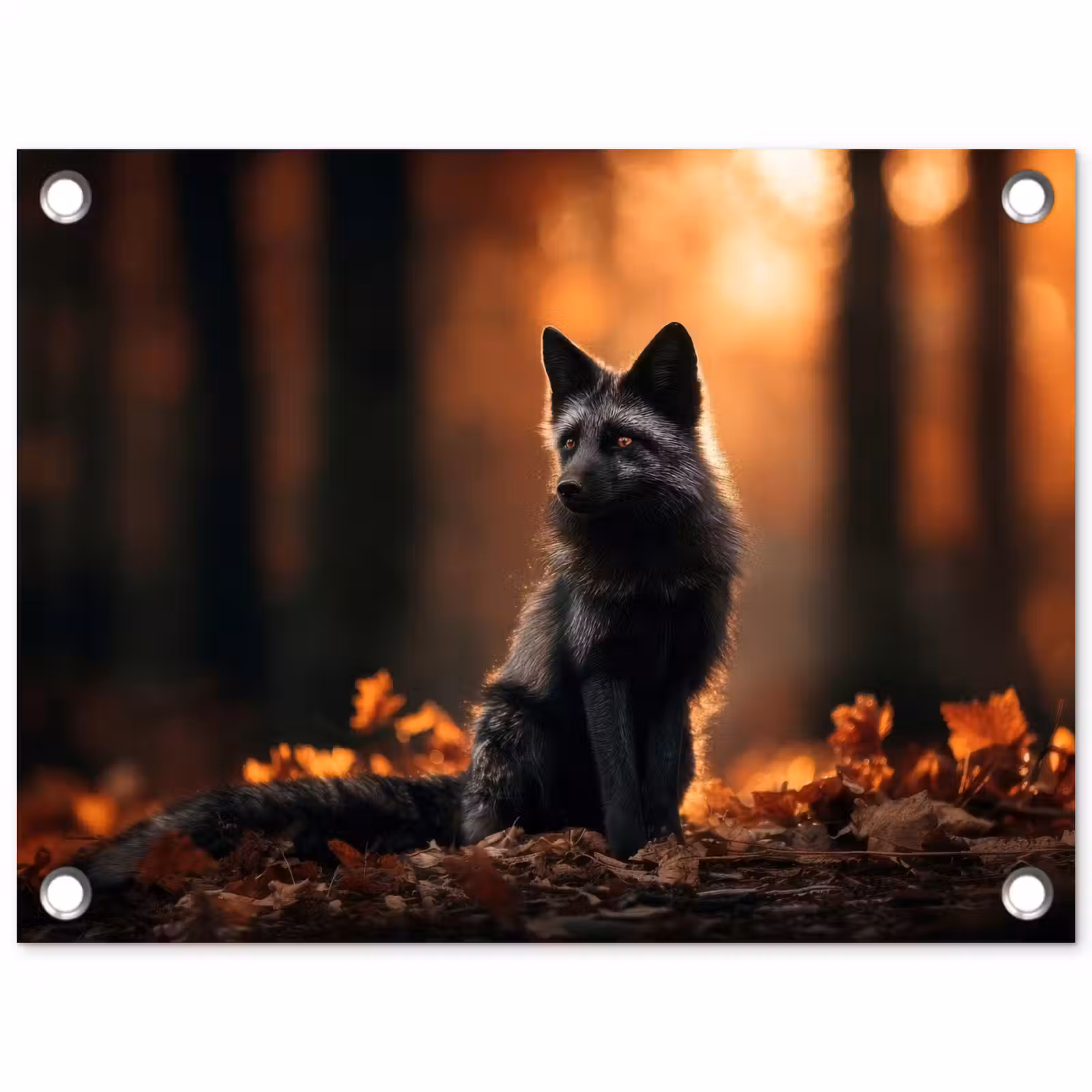 Tuinposter - Vos - Zwart - Bos - Herfstbladeren — 1