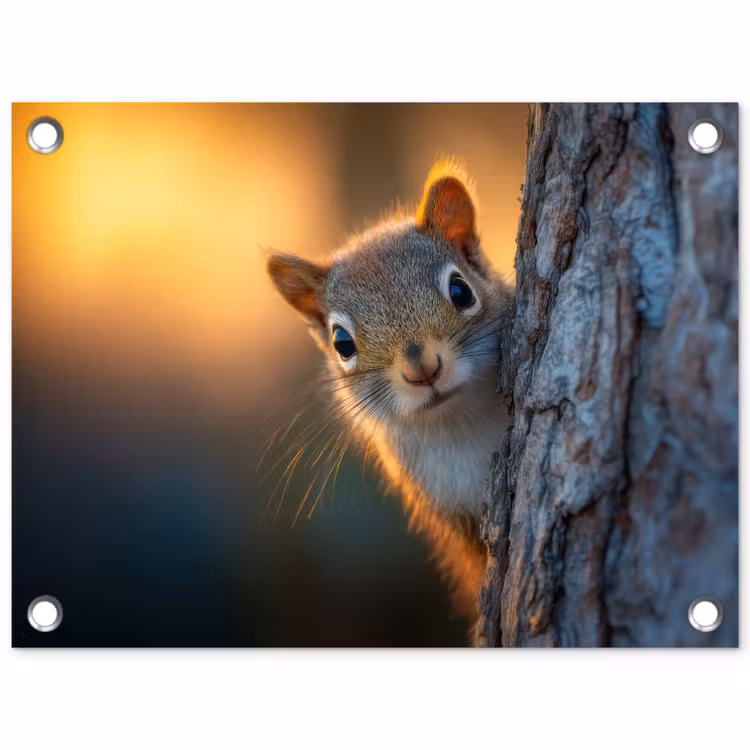 Tuinposter - Eekhoorn - Boomstam - Zonsondergang — 1