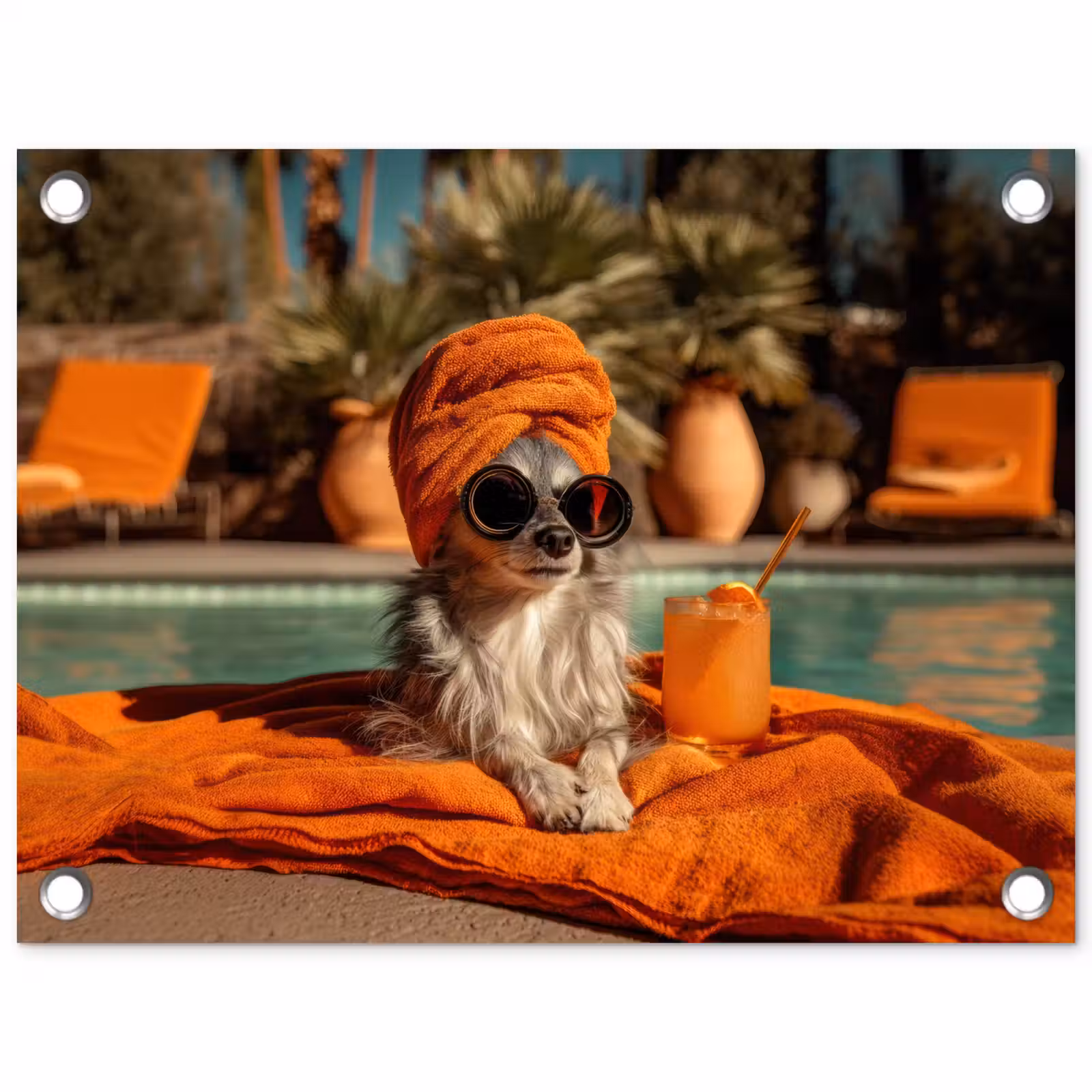 Tuinposter - Chihuahua - Handdoek - Zonnebril - Oranje — 1