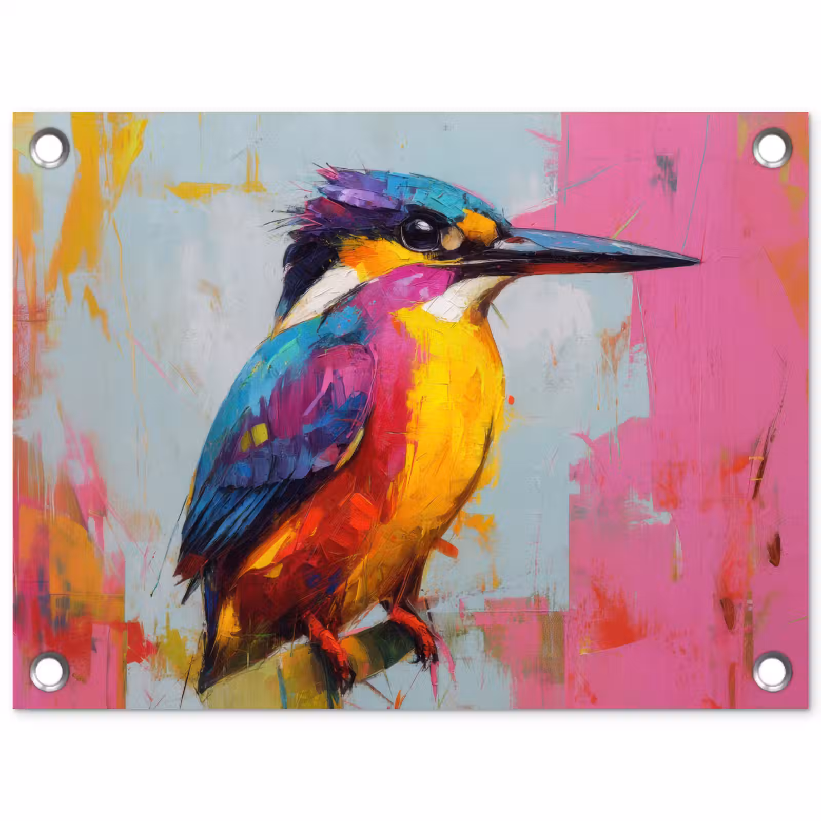 Tuinposter - Ijsvogel - Roze - Tak - Penseelstreken — 1