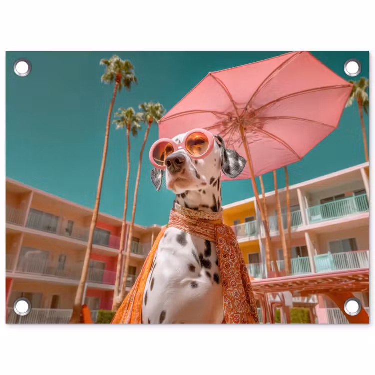 Tuinposter - Dalmatiër - Zonnebril - Parasol - Roze — 1