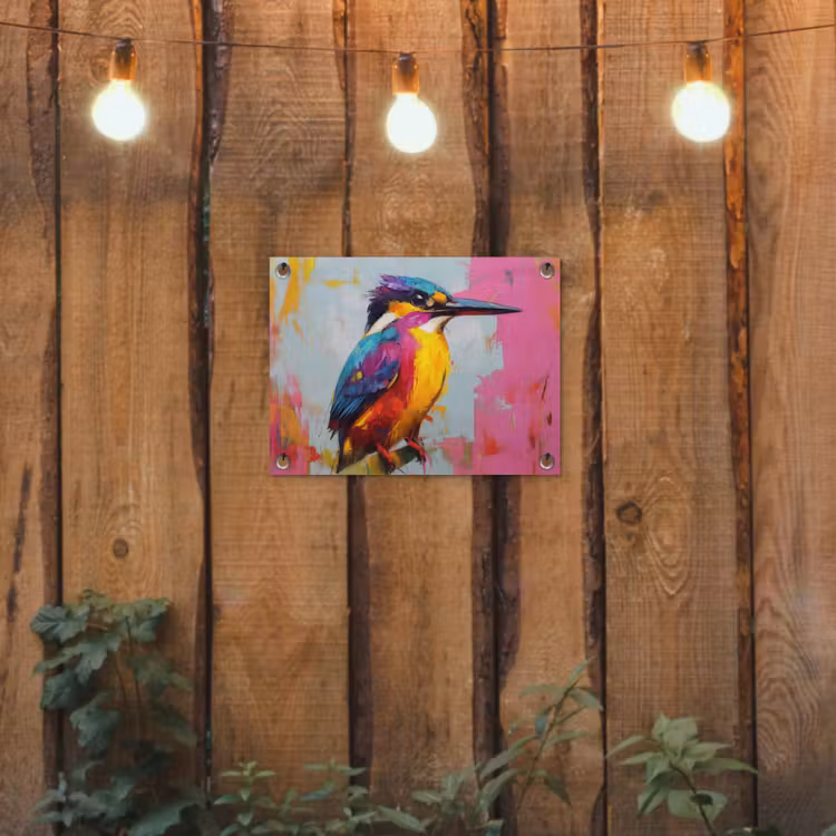 Tuinposter - Ijsvogel - Roze - Tak - Penseelstreken — 2