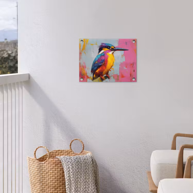 Tuinposter - Ijsvogel - Roze - Tak - Penseelstreken — 3
