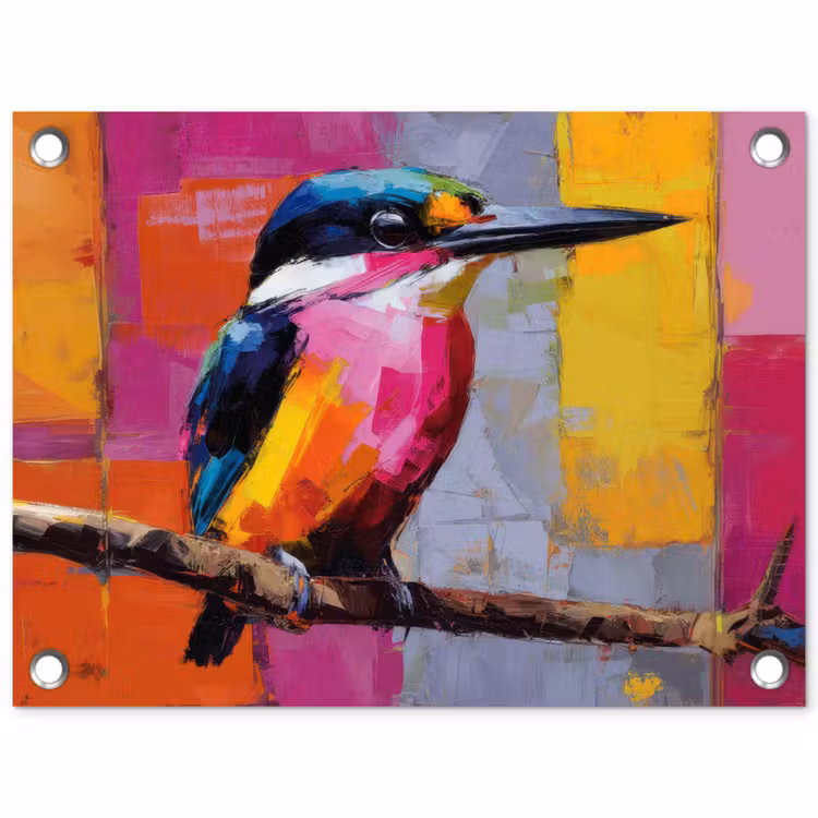 Tuinposter - Roze - Ijsvogel - Tak - Kleurvlakken — 1