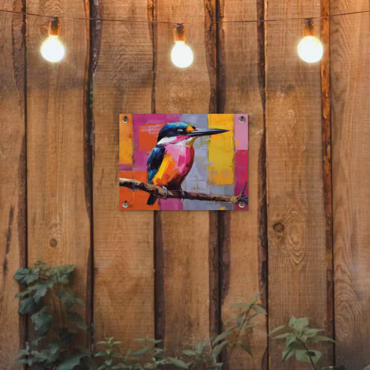 Tuinposter - Roze - Ijsvogel - Tak - Kleurvlakken — 2