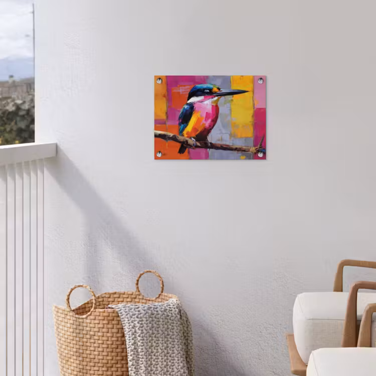Tuinposter - Roze - Ijsvogel - Tak - Kleurvlakken — 3