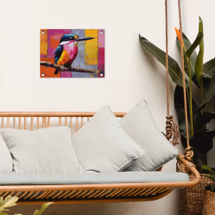 Tuinposter - Roze - Ijsvogel - Tak - Kleurvlakken — 5