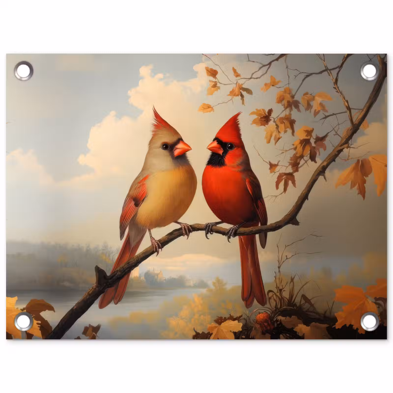 Tuinposter - Vogels - Rood - Tak - Herfstbladeren — 1