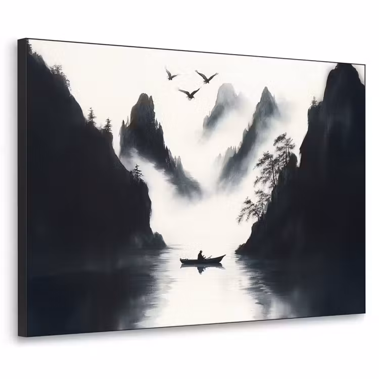 Art Frame - Roeiboot - Mistig - Bergen - Vogels — 1