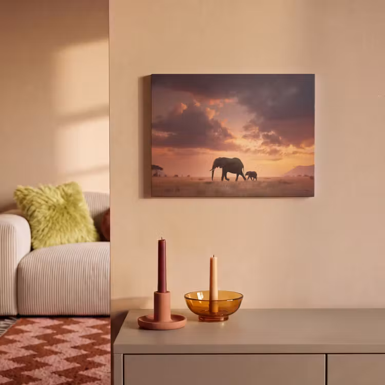 Akoestisch schilderij - Olifanten - Grasland - Zonsondergang — 2