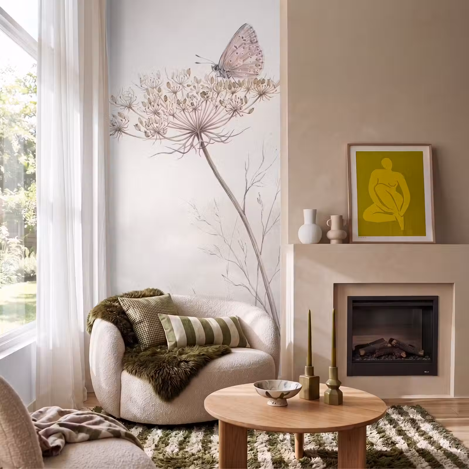 Behang - Vlinder - Bloem -Natuur - Beige — 1