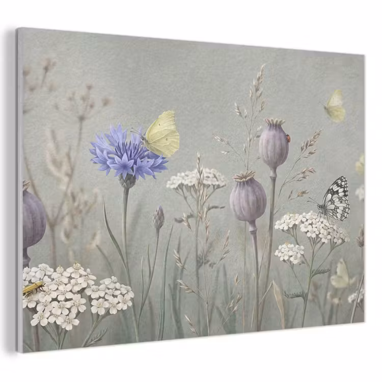 Akoestisch schilderij - Vlinders - Wildbloemen - Illustratie - Kleurrijk