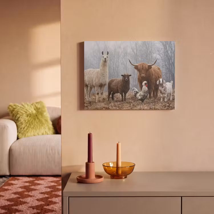 Akoestisch schilderij - Boerderijdieren - Groep - Mist - Natuur - Rustiek — 2