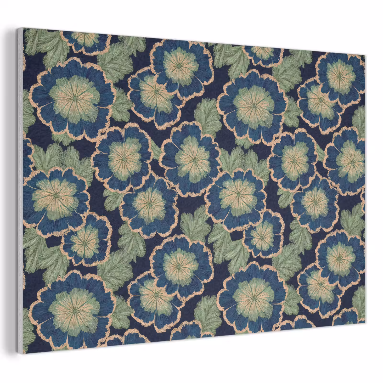 Akoestisch schilderij - Bloemen - Borduurwerk - Patroon - Blauw - Groen — 1