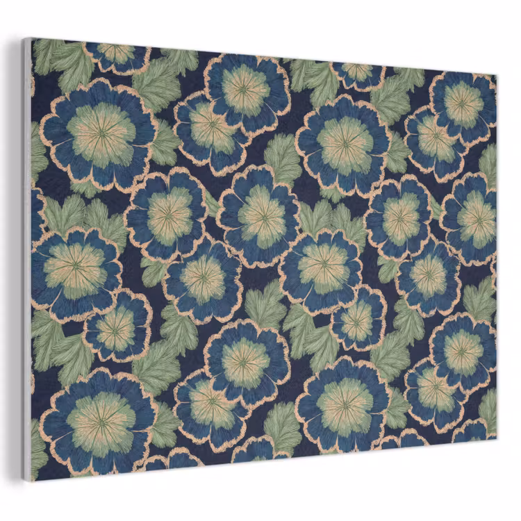 Akoestisch schilderij - Bloemen - Borduurwerk - Patroon - Blauw - Groen — 1
