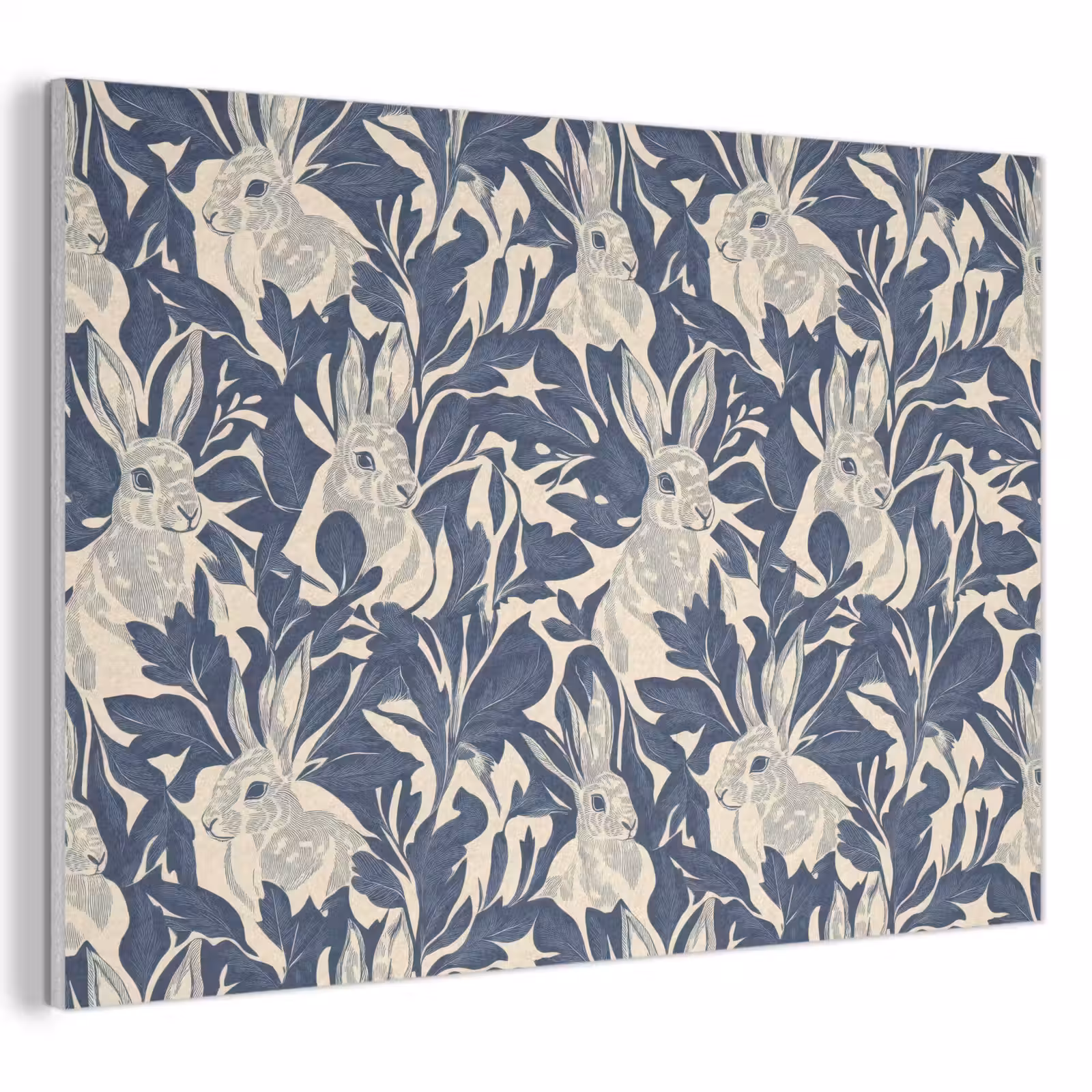 Akoestisch schilderij - Hazen - Bladeren - Patroon - Blauw - Beige — 1
