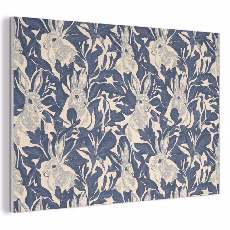 Akoestisch schilderij - Hazen - Bladeren - Patroon - Blauw - Beige — 1