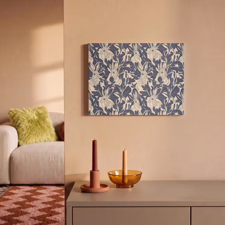 Akoestisch schilderij - Hazen - Bladeren - Patroon - Blauw - Beige — 2