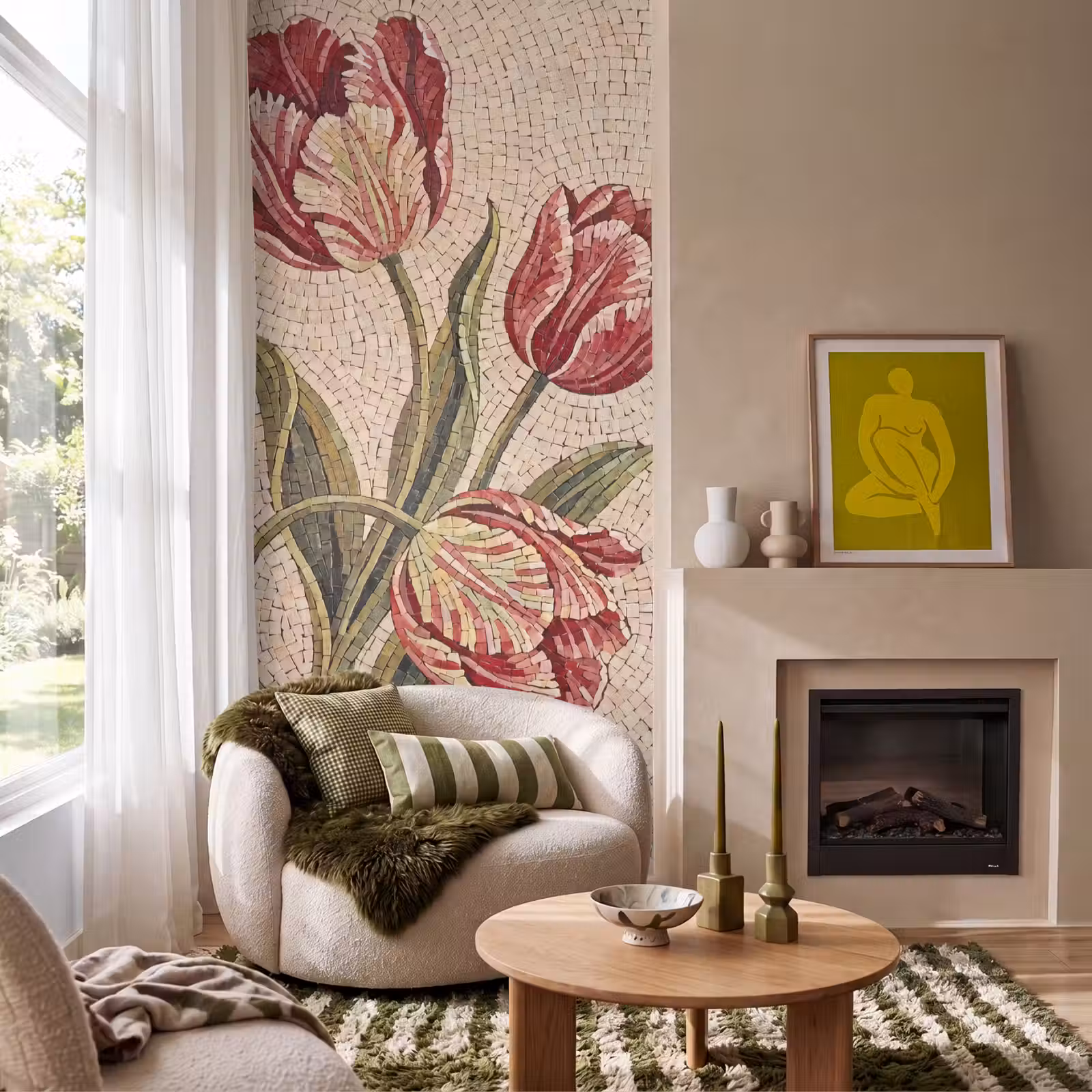 Behang - Bloemen - Mozaïek - Rood - Groen - Kunst — 1