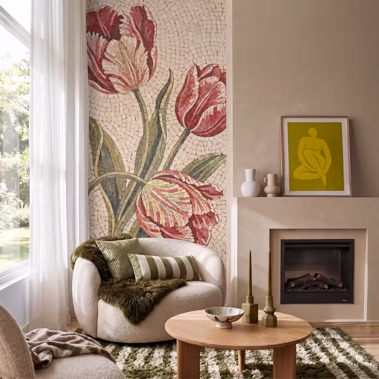 Behang - Bloemen - Mozaïek - Rood - Groen - Kunst — 1