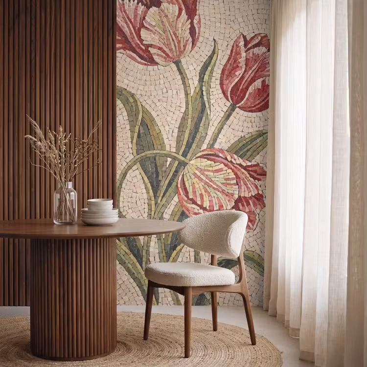 Behang - Bloemen - Mozaïek - Rood - Groen - Kunst — 4