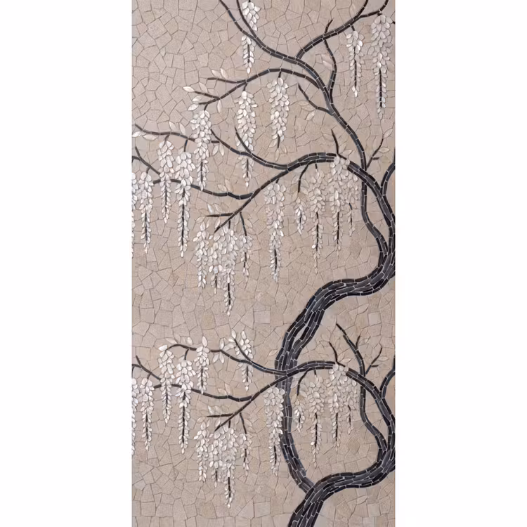 Behang - Boom - Bloemen - Mozaïek - Kunst - Wit — 2