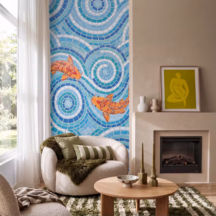 Behang - Vis - Mozaïek - Water - Decoratief - Blauw — 1