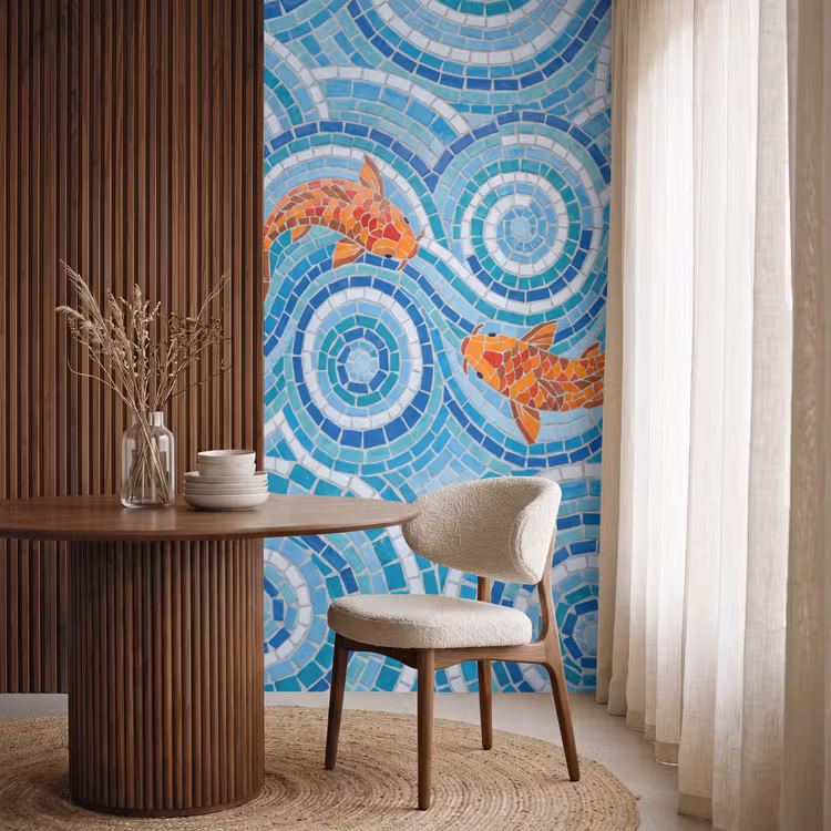 Behang - Vis - Mozaïek - Water - Decoratief - Blauw — 4