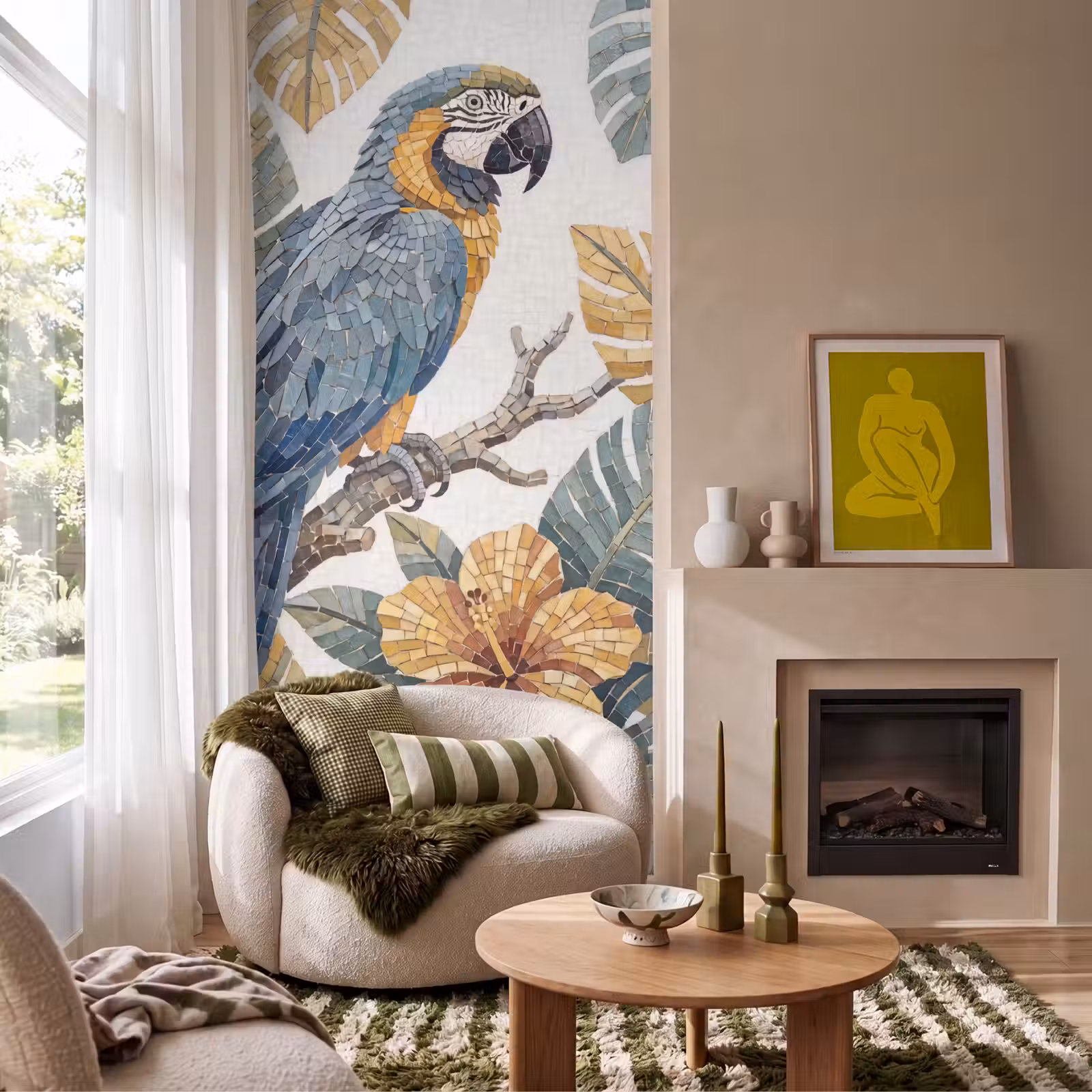 Behang - Vogel - Tak - Natuur - Mozaïek - Blauw — 1