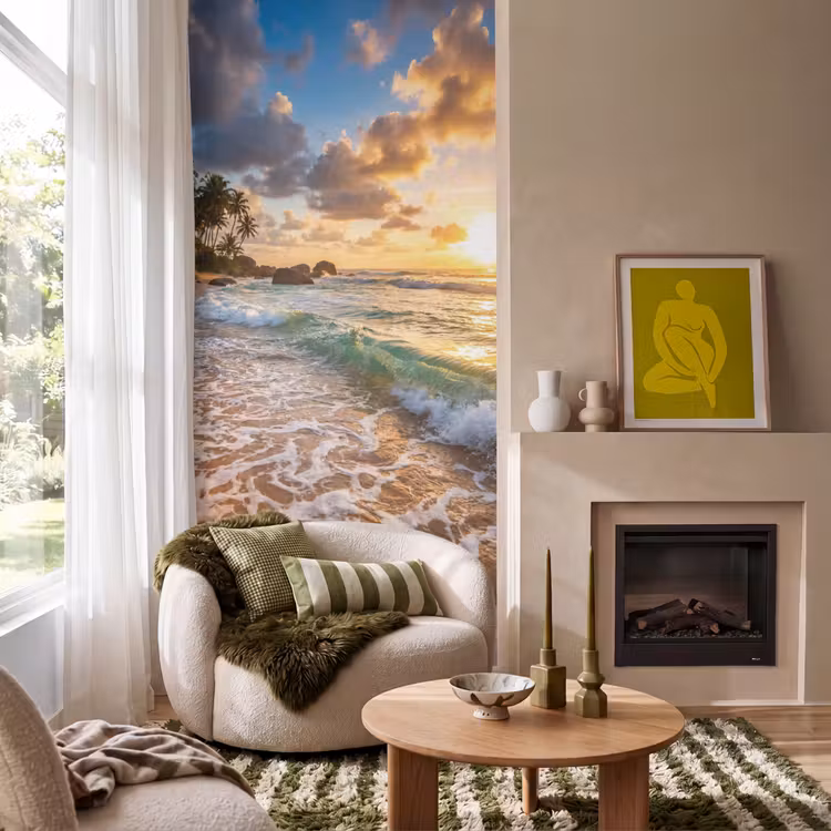 Behang - Strand - Zonsondergang - Golven - Natuur - Goud — 1