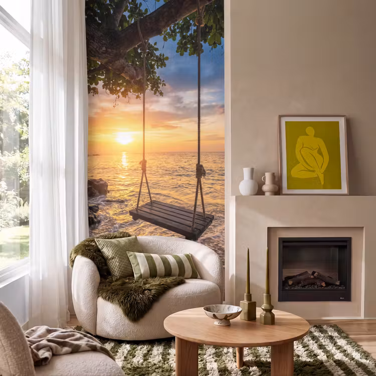 Behang - Schommel - Strand - Zonsondergang - Natuur - Oranje — 1
