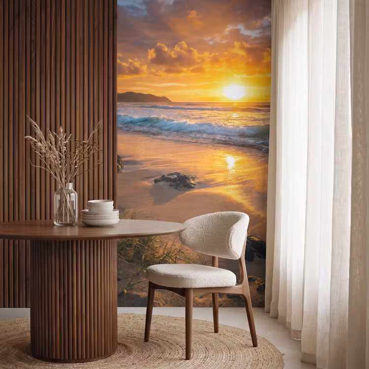 Behang - Strand - Zonsondergang - Golven - Natuur - Oranje — 4