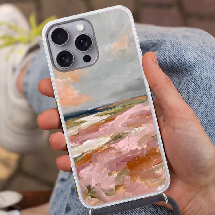 Telefoonhoesje met koord - Landschap - Rivier - Abstract - Roze - Groen — 2