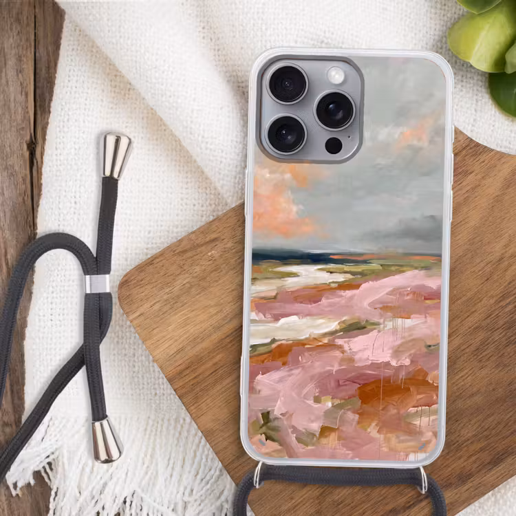 Telefoonhoesje met koord - Landschap - Rivier - Abstract - Roze - Groen — 3
