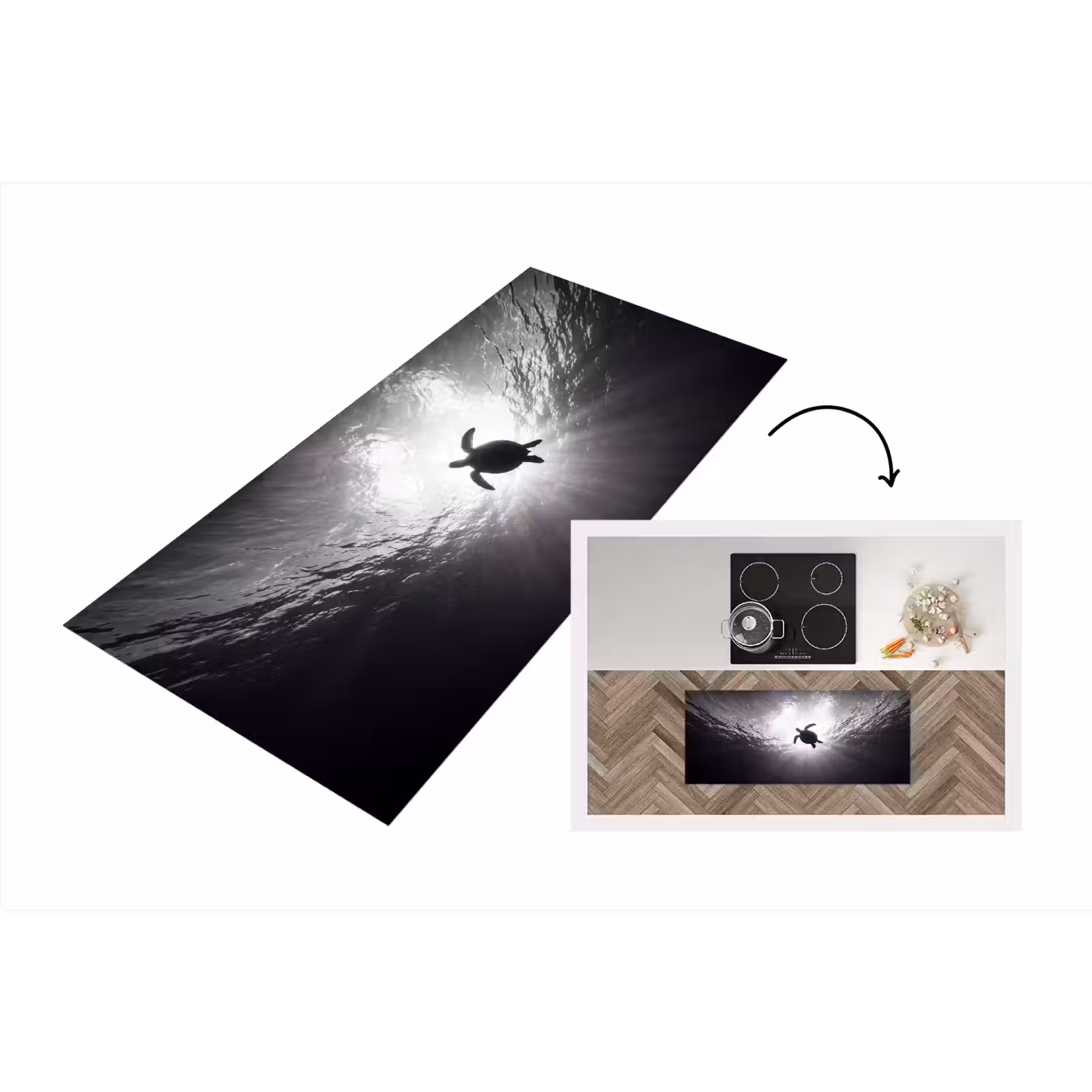 Keukenloper - Schildpad - Onderwater - Lichtstralen - Oceaan - Zwart-wit — 1