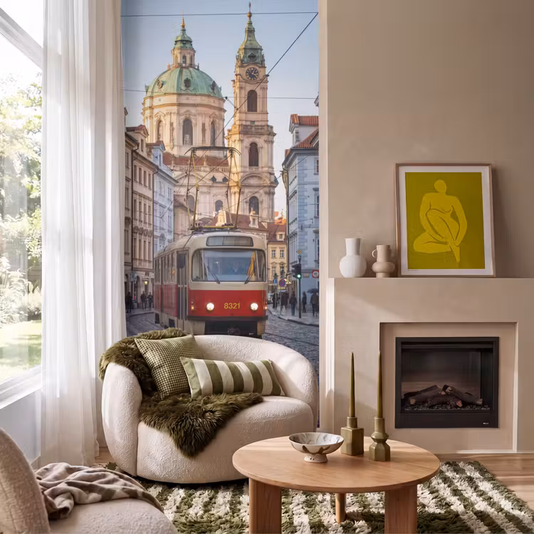 Behang - Tram - Straat - Stadsgezicht - Klassiek - Rood — 1