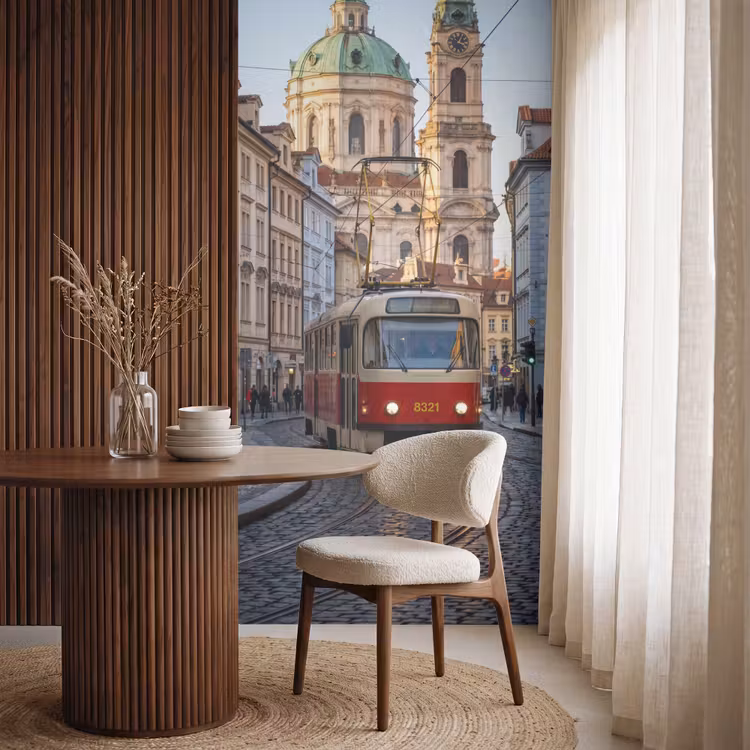 Behang - Tram - Straat - Stadsgezicht - Klassiek - Rood — 4