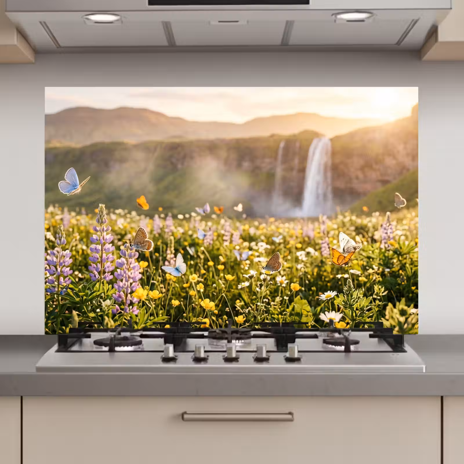 Spatscherm keuken - Vlinders - Waterval - Bloemenveld — 1