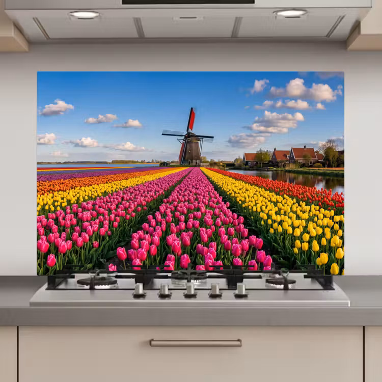 Spatscherm keuken - Tulpen - Holland - Molen - Kleurrijk — 1