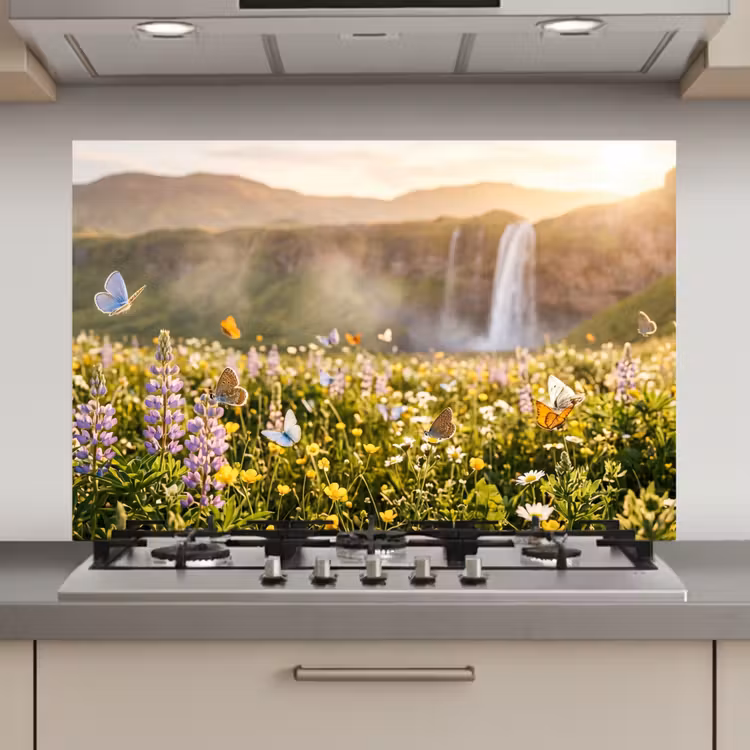 Spatscherm keuken - Vlinders - Waterval - Bloemenveld — 1