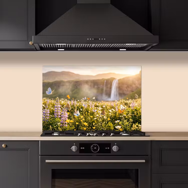Spatscherm keuken - Vlinders - Waterval - Bloemenveld — 2