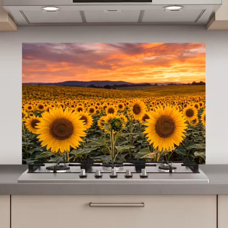 Spatscherm keuken - Zonnebloemen - Heuvellandschap - Geel — 1