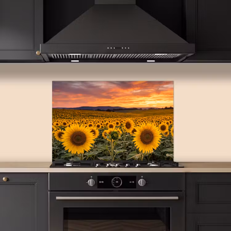 Spatscherm keuken - Zonnebloemen - Heuvellandschap - Geel — 2