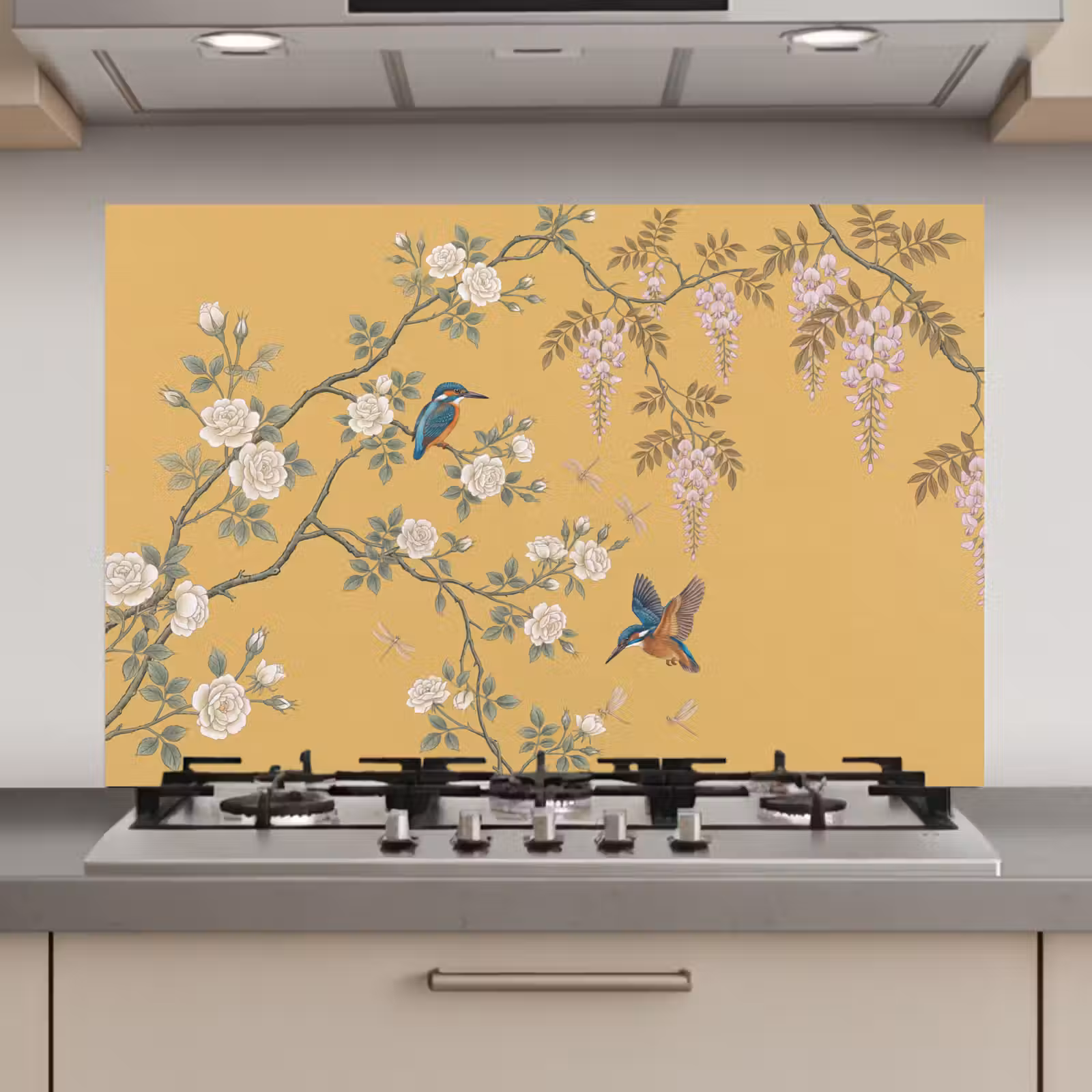 Spatscherm keuken - IJsvogels - Bloesem - Geel — 1