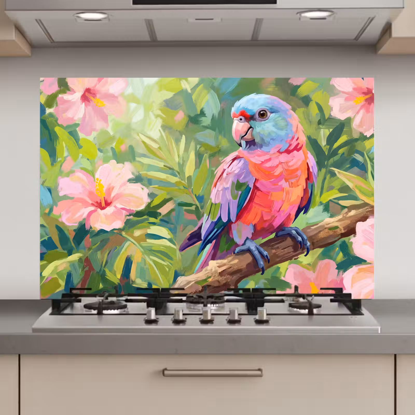 Spatscherm keuken - Papagaai - Hibiscusbloemen - Kleurrijk — 1